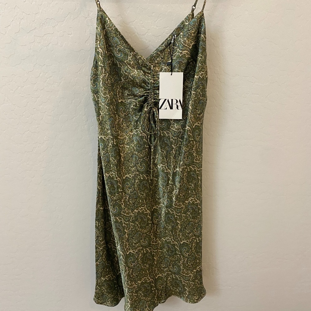 ZARA green print mini slip dress NWT